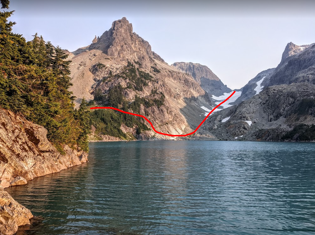 Outline of the trail from Jade Lake to Pea Soup Lake, Washington 