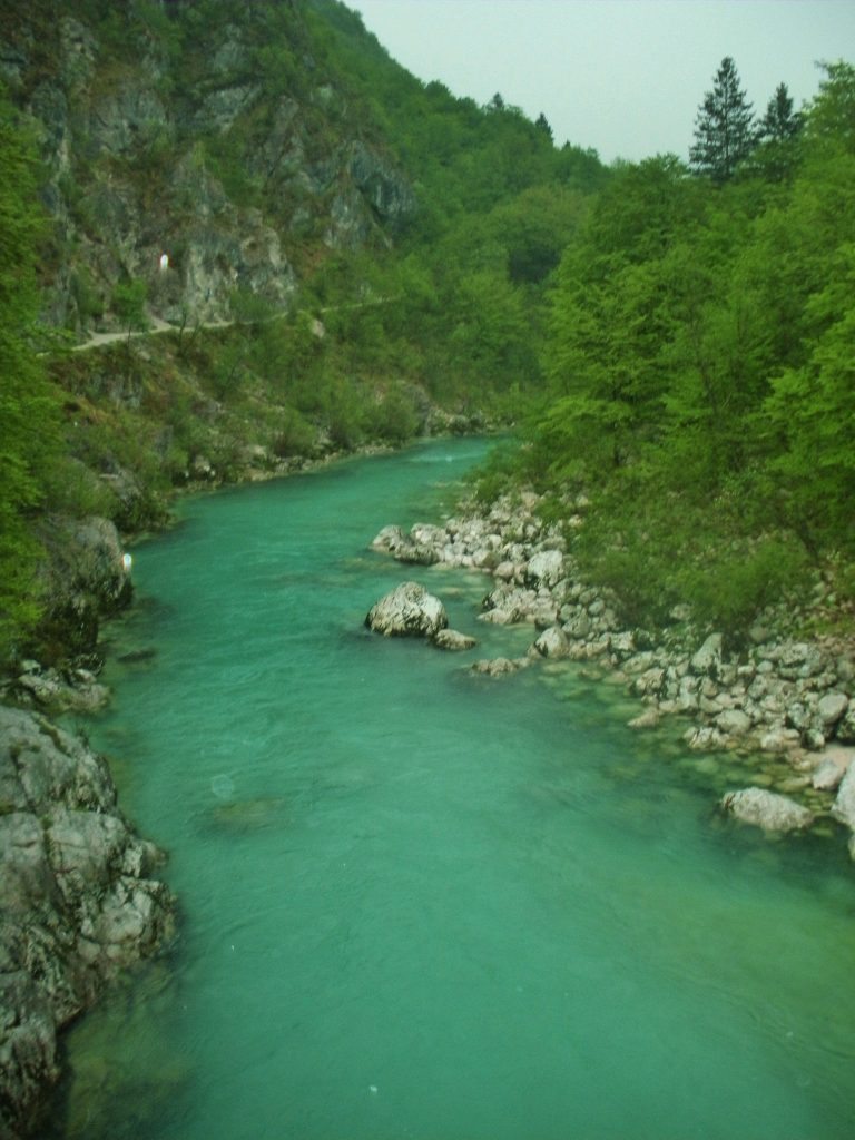The green-colored Soca River in Slovenia