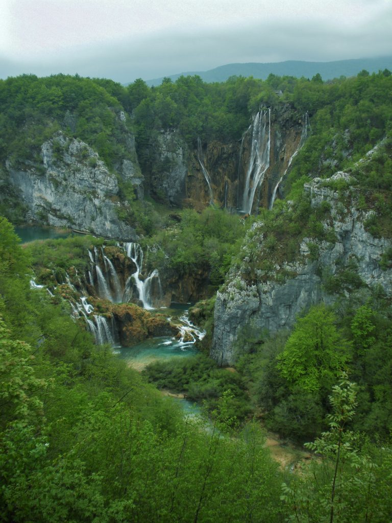 Plitvice Lakes National Park waterfalls on a cloudy day