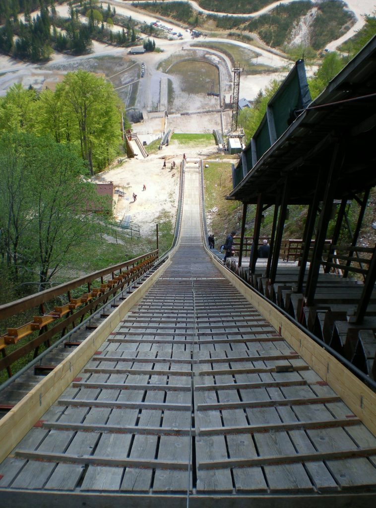 Looking down the Planica ski jump from the very top