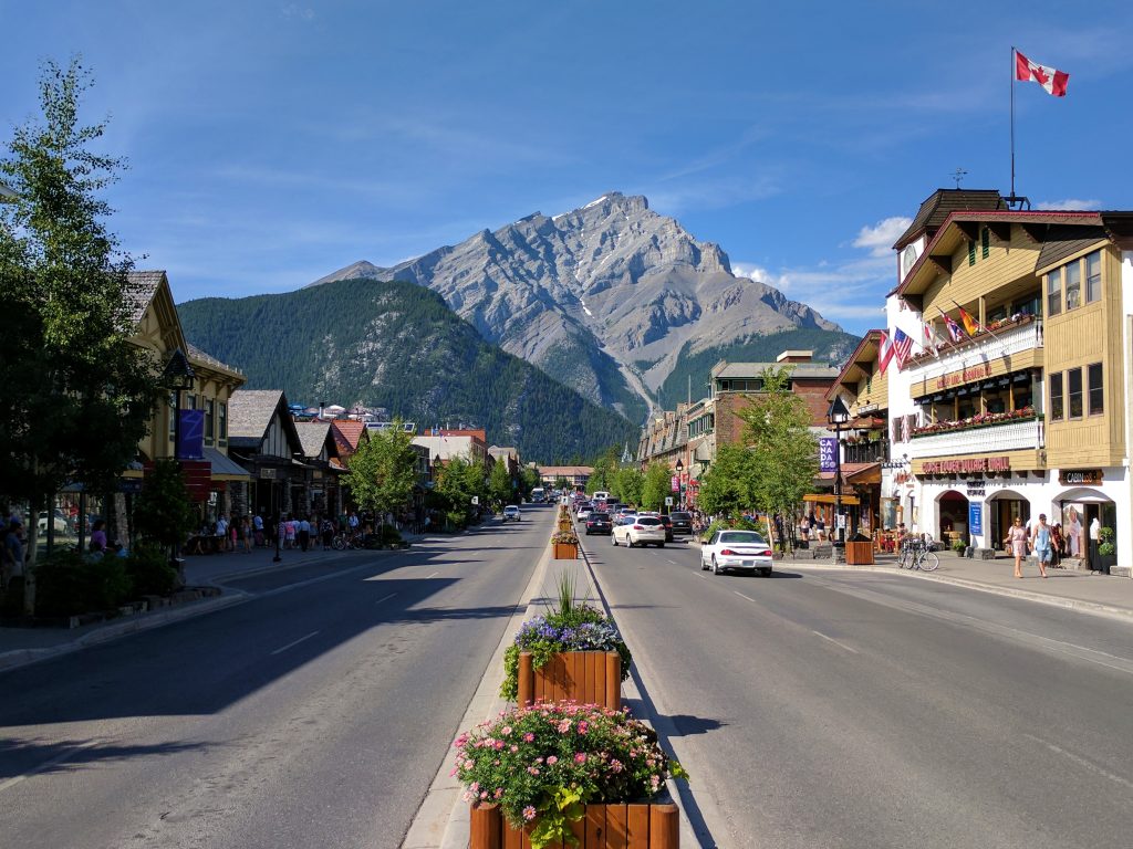 Looking down Banff Avenue with a mountain at the end