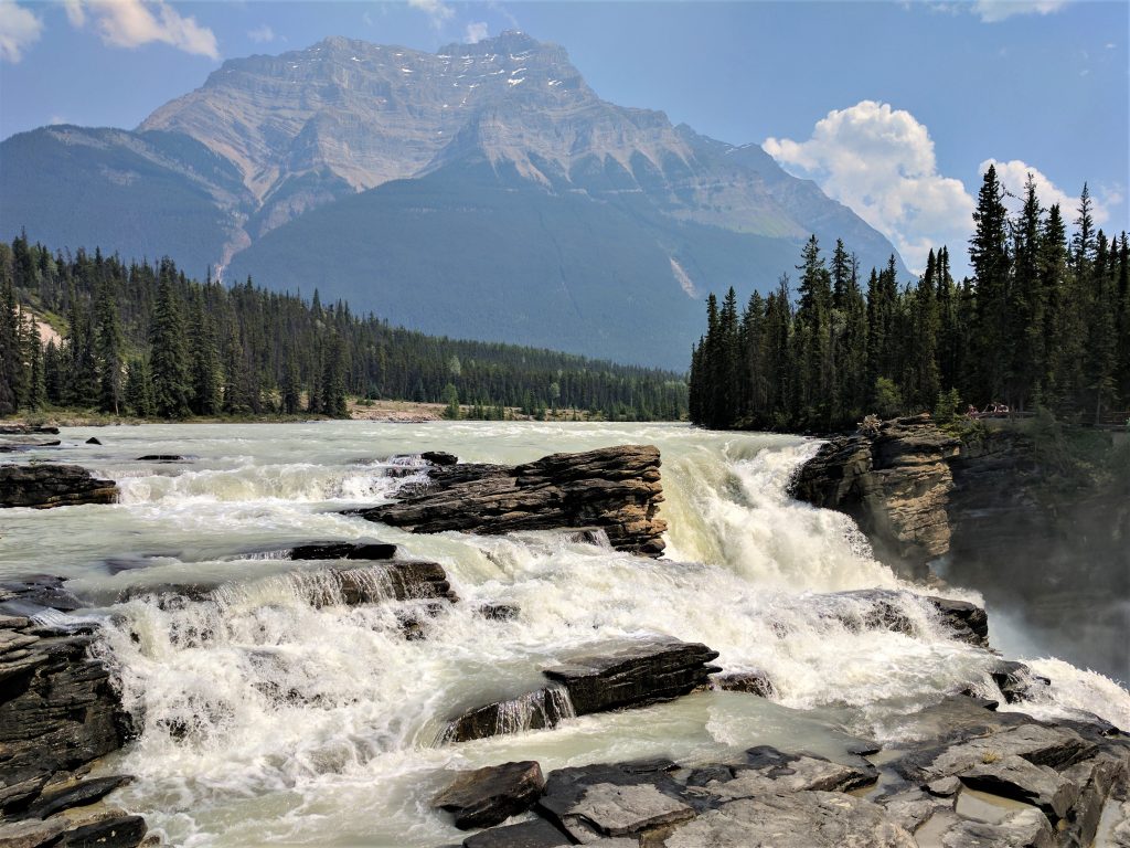 Athabasca Falls with mountains in the background