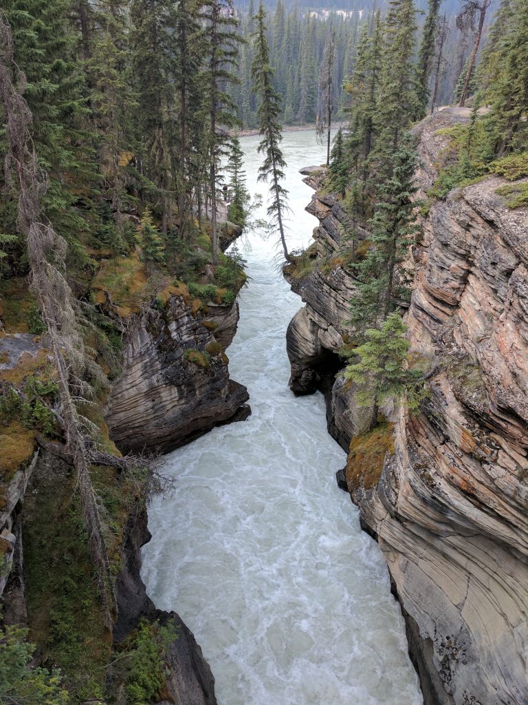 The outlet of Athabasca Falls in the Canadian Rockies