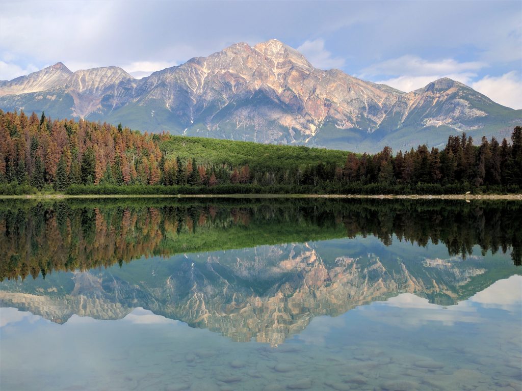 A mountain reflection in Patricia Lake