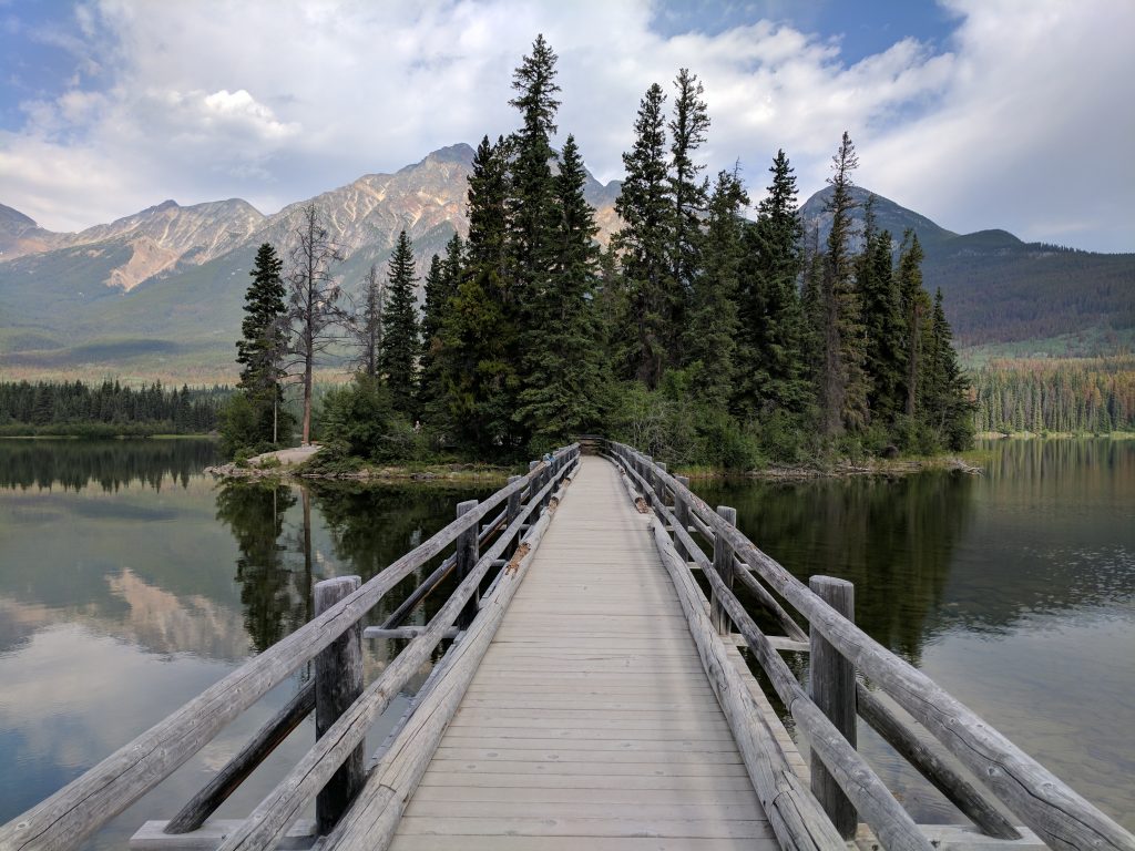 A bridge leading to a tree-filled island at Pyramid Lake