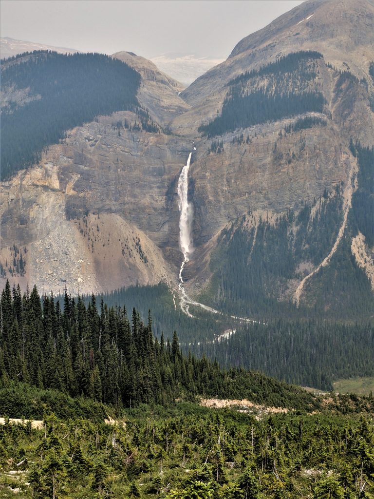 A far-away view of Takakkaw Falls