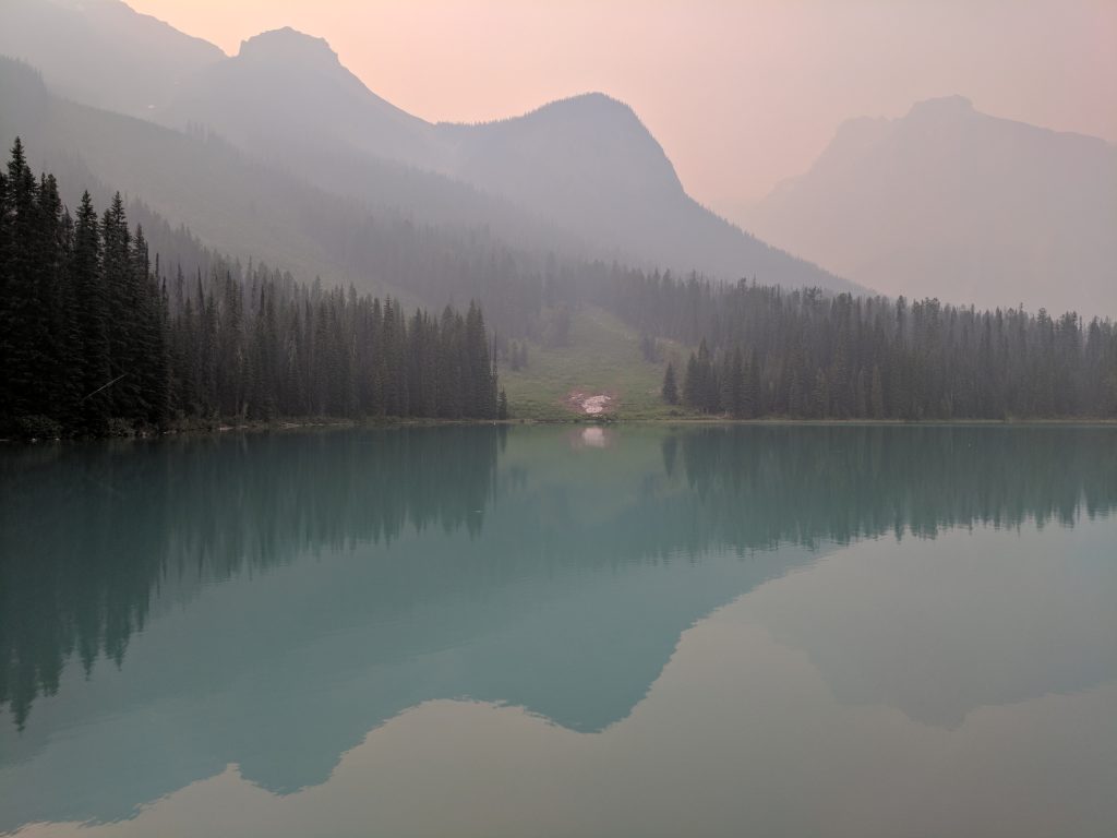 A smoky view of Emerald Lake in the Canadian Rockies