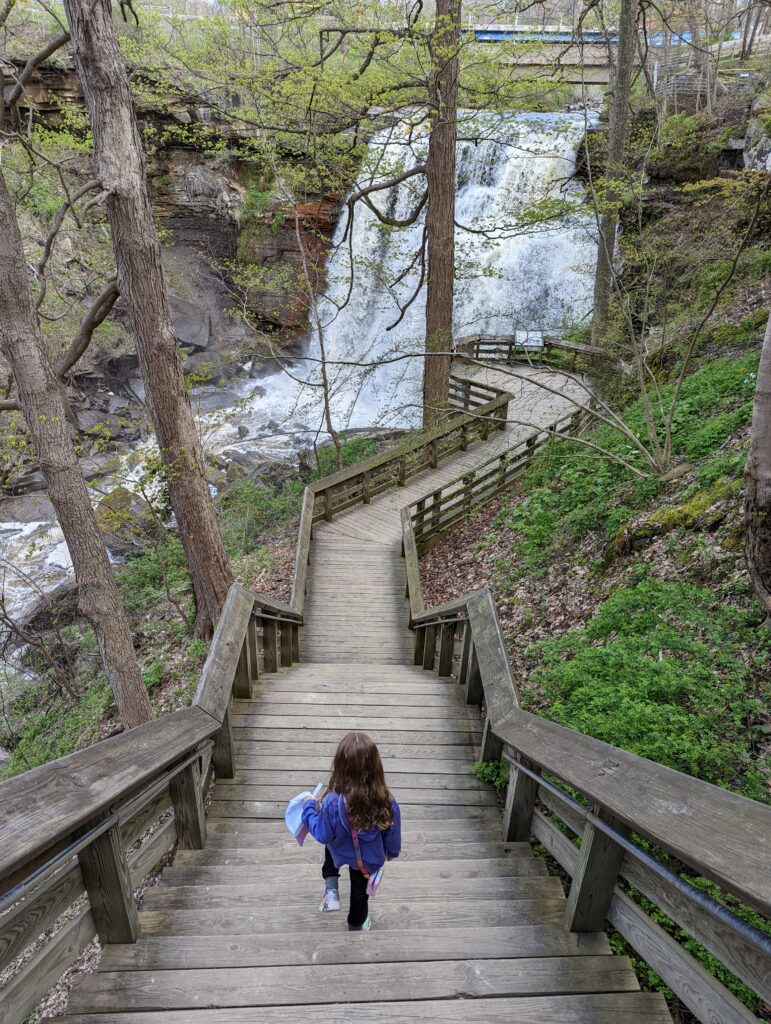 A girl walking down wooden stairs approaching Brandywine Falls