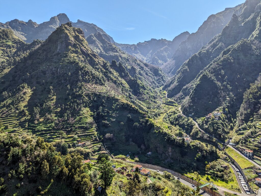 A rugged, mountainous, green landscape on Madeira