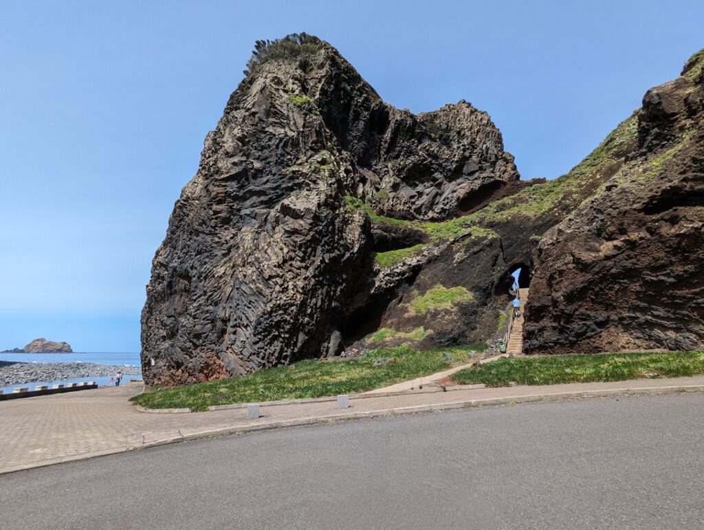 A large rock outcropping at Ilheus da Ribeira da Janela on Madeira
