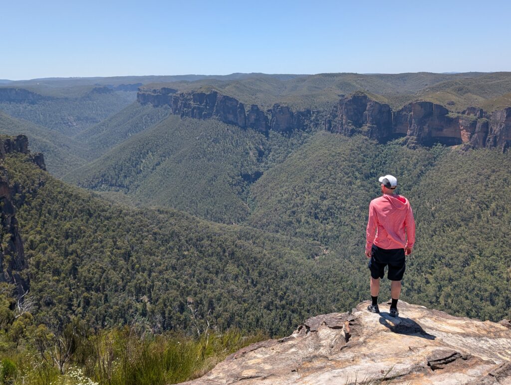 A man looking out at a vast green canyon in the Blue Mountains