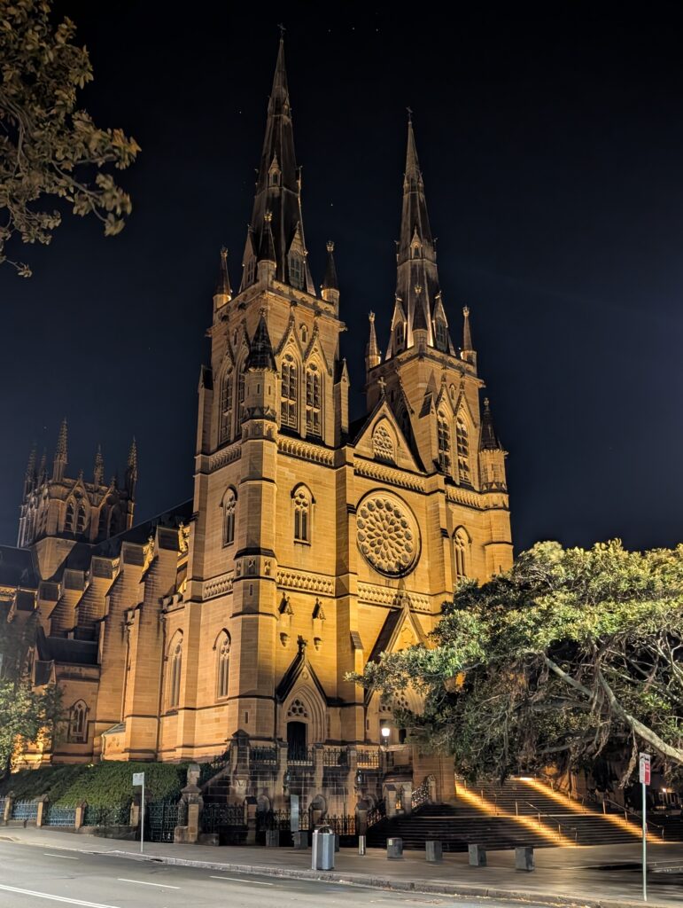 Saint Mary Cathedral lit up at night
