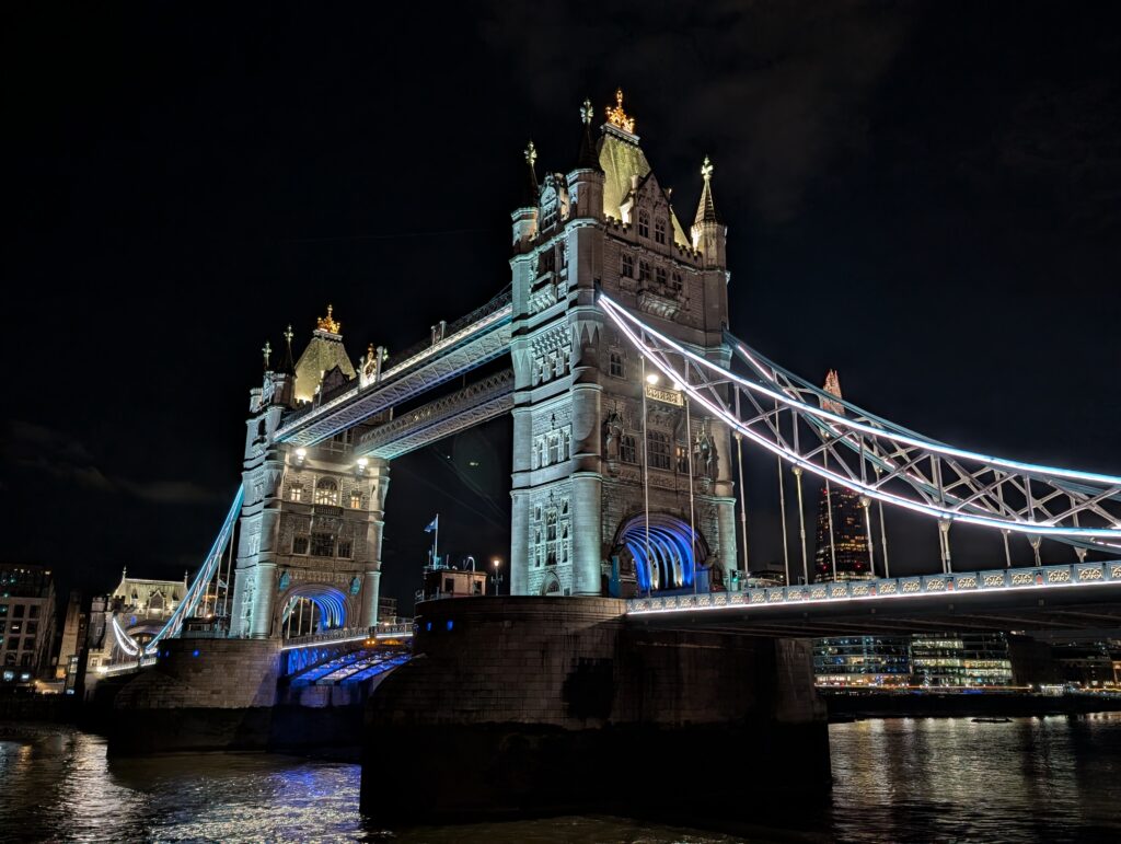 The Tower Bridge in London lit up at night