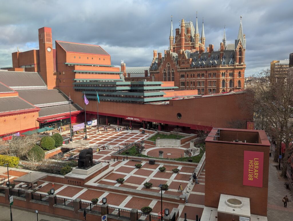 A many-spired hotel in front of the British Library
