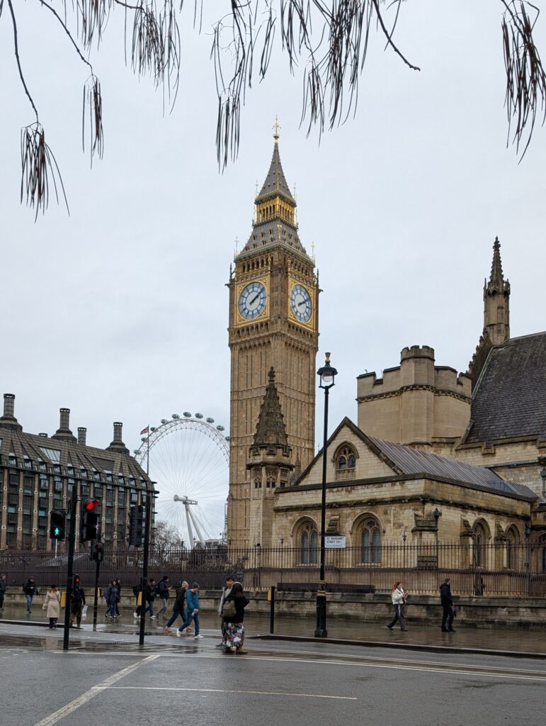 Sparse branches frame Big Ben and the London Eye, a big Ferris Wheel