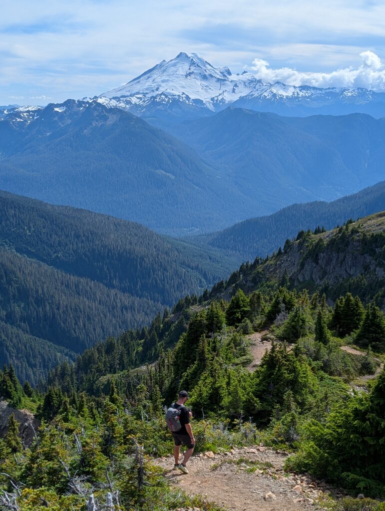 A large snow-covered mountain towers above green rolling valleys with a hiker at the bottom of the photo