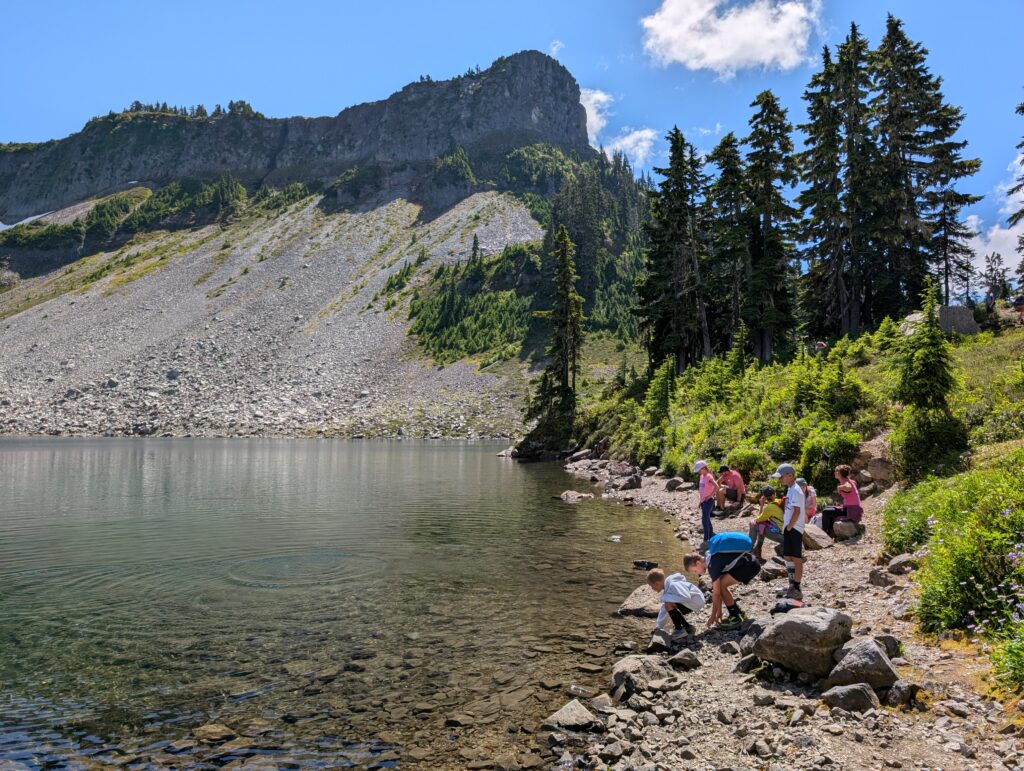 A group of people on a rocky water's edge with trees and mountains on the other side