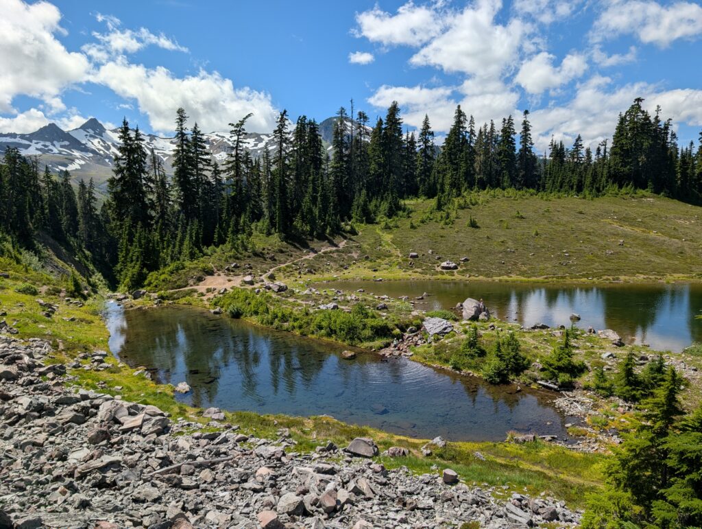 Two small bodies of water separated by a narrow strip of land with trees and mountains