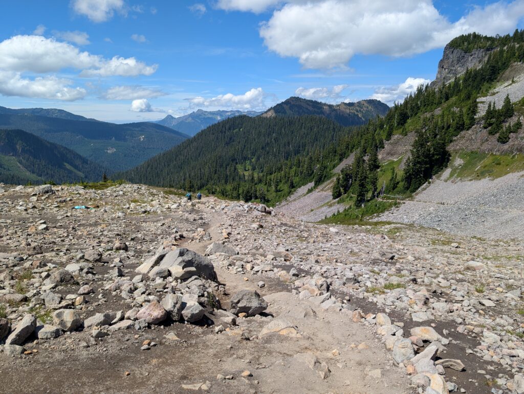 Rocks in front of a tree-covered valley of hills and low mountain peaks